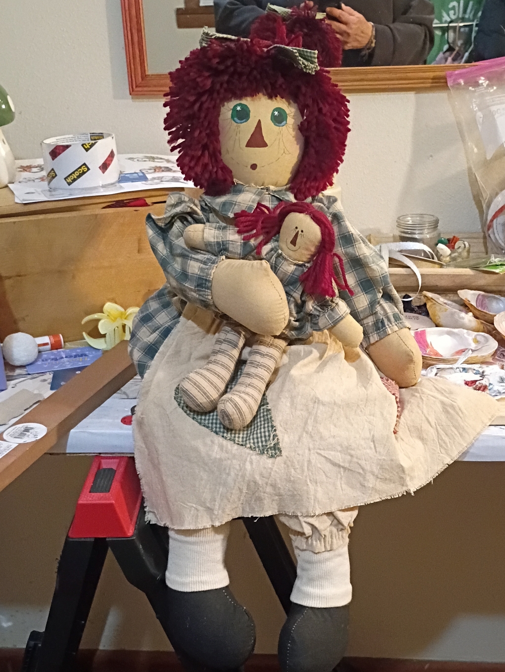 Handmade Rag Doll with Small Doll - Red Hair, Green Plaid Dress